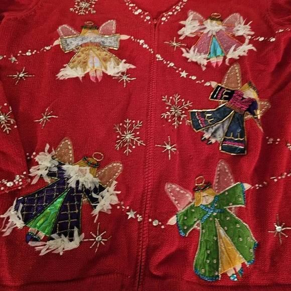 Christopher Radko Christmas Zipper sweater Cardigan sequin Angels Sx L - Picture 7 of 8